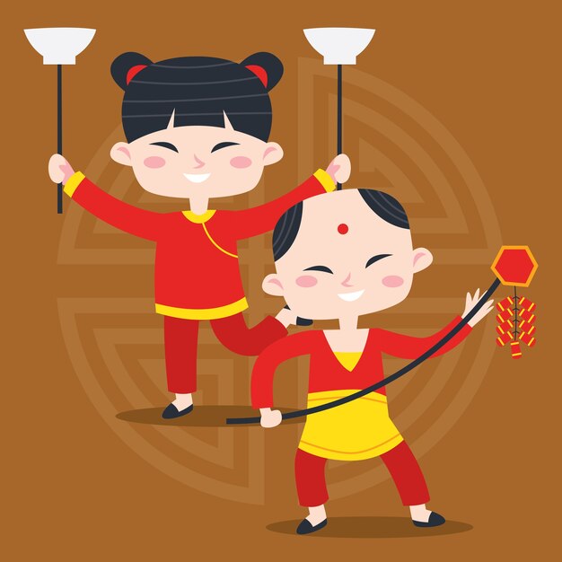 Cute cartoon Chinese kid poster illustration. Chinese greeting card design