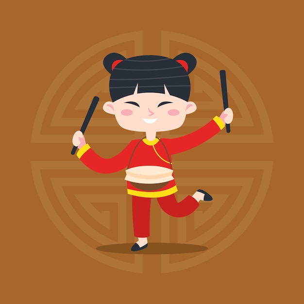 Vector cute cartoon chinese kid poster illustration. chinese greeting card design