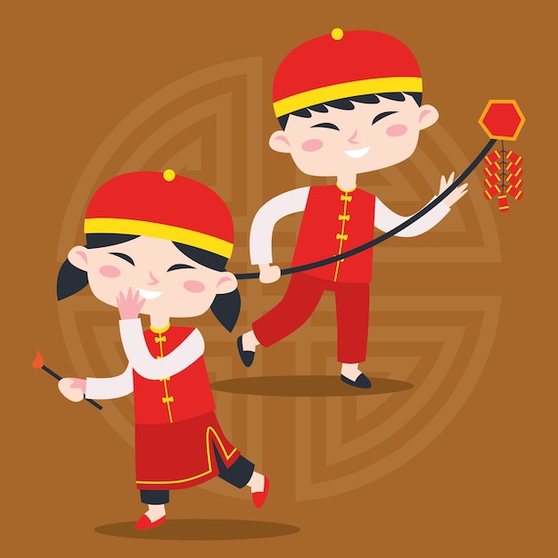 Cute cartoon chinese kid poster illustration. chinese greeting card design