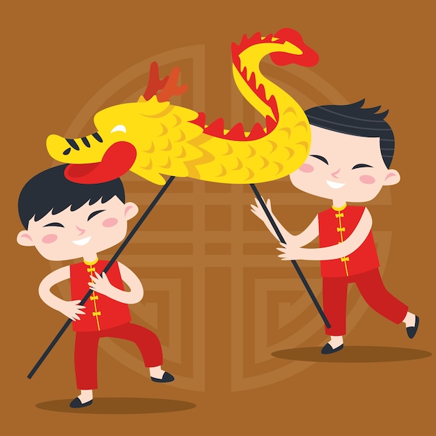 Cute cartoon Chinese kid poster illustration. Chinese greeting card design