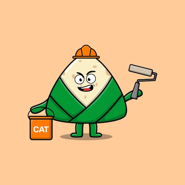 Cute cartoon chinese rice dumpling as a builder character painting in flat modern style design