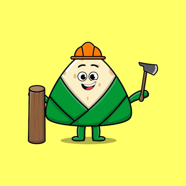 Cute cartoon chinese rice dumpling as carpenter character with ax and wood in flat modern style