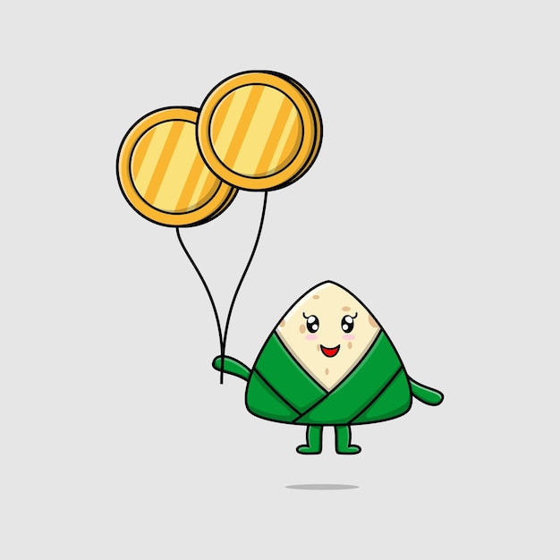 Милый мультяшный китайский рисовый пельмень бизнесмен, плавающий с золотой монетой на воздушном шаре, векторная иллюстрация