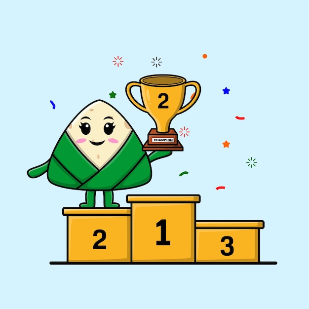 Cute cartoon chinese rice dumpling character as the second winner with happy expression