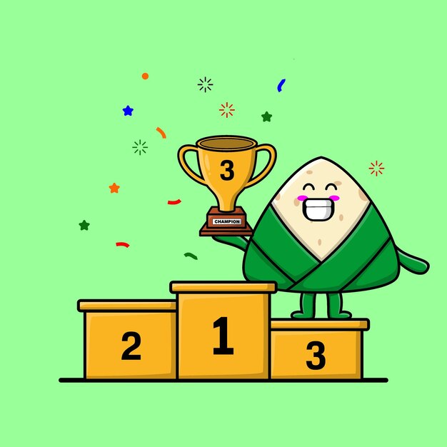 Cute cartoon chinese rice dumpling character as the third winner with happy expression