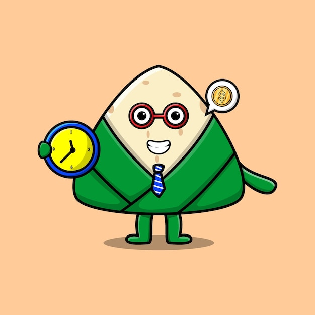 Cute cartoon chinese rice dumpling character holding clock with happy expression