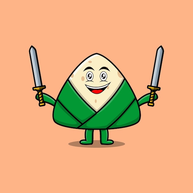 Cute cartoon Chinese rice dumpling character holding two sword in flat modern design