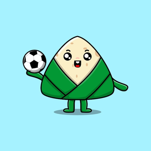Симпатичный мультяшный персонаж китайских рисовых пельменей, играющий в футбол в плоском мультяшном стиле