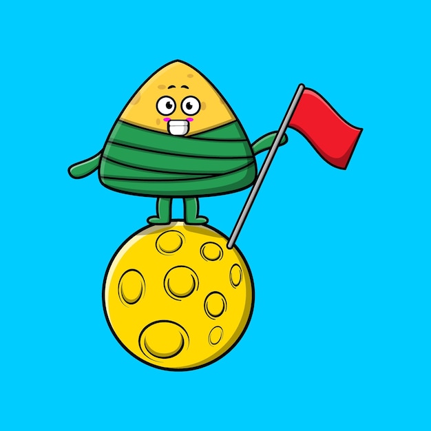 Simpatico cartone animato cinese gnocco di riso personaggio in piedi sulla luna con bandiera in un design piatto e moderno
