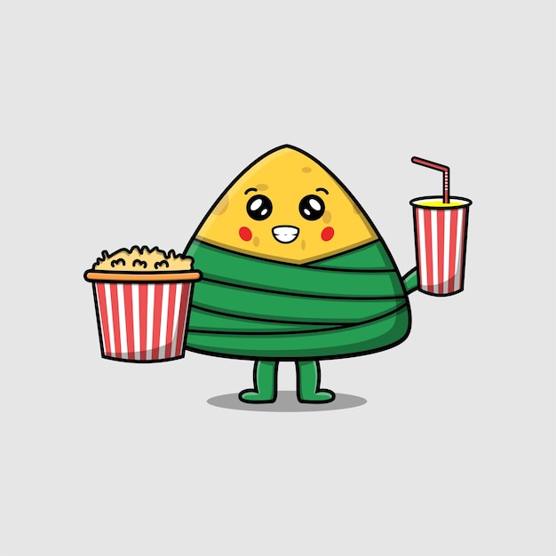 Cute cartoon chinese rice dumpling with popcorn and drink ready to watching film in cinema vector