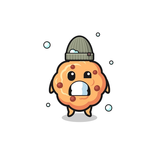 Vector cute cartoon chocolate chip cookie with shivering expression cute design