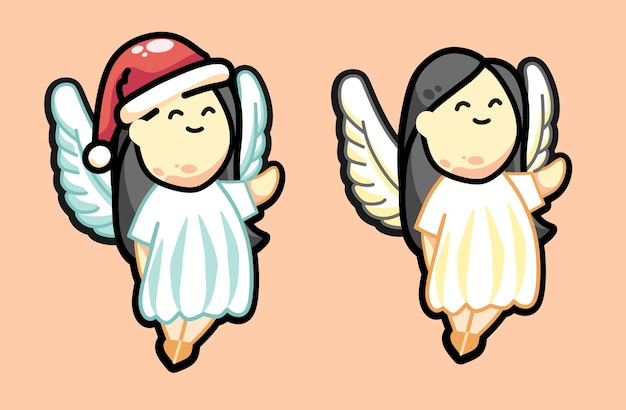 Cute cartoon christmas angel with long black hair vector illustration