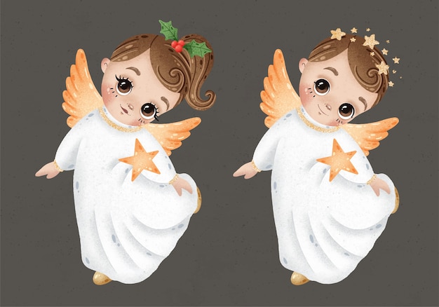 Cute cartoon christmas angels boy and girl with stars set