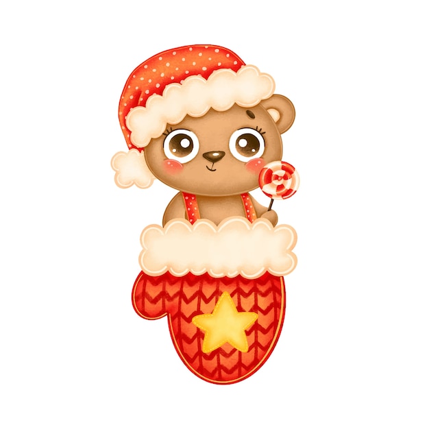 Cute cartoon christmas bear wearing red hat with lollipop