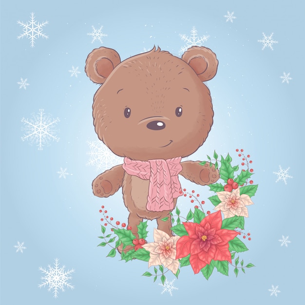 Милый мультфильм Рождественский медведь с пуансеттия.
