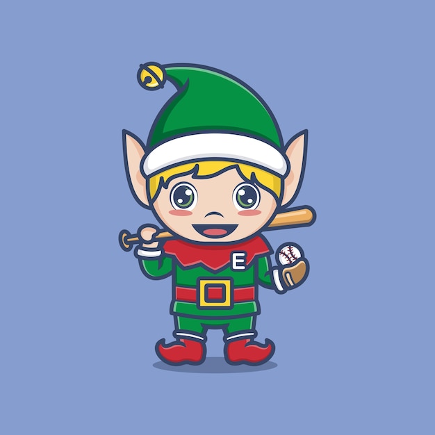 cute cartoon christmas elf playing baseball