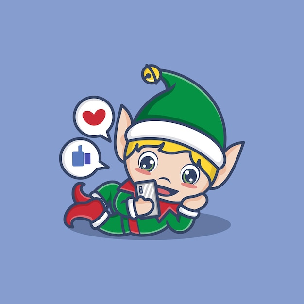 Vector cute cartoon christmas elf playing social media on smartphones