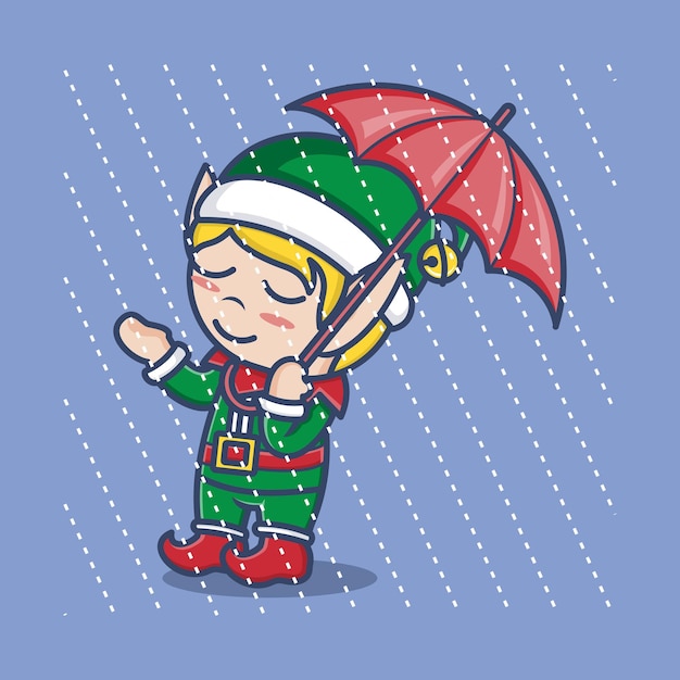 Cute cartoon christmas elf wearing an umbrella in the rain