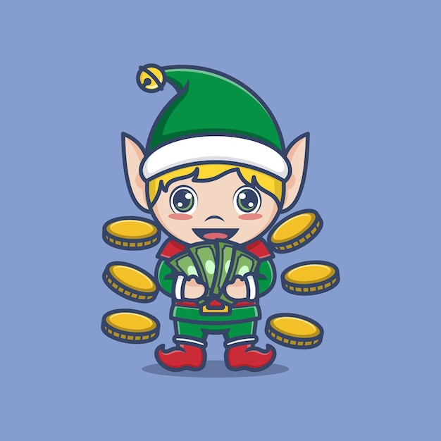 Simpatico cartone animato elfo di natale con i soldi