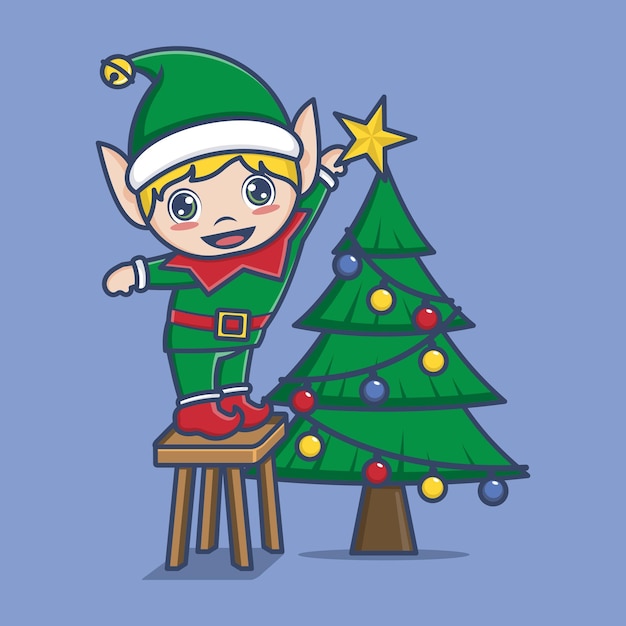 ツリーとかわいい漫画のクリスマスのエルフ