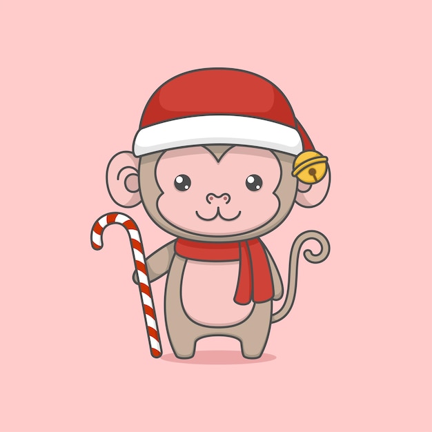 Cute Cartoon Christmas Monkey Holding Candy Cane