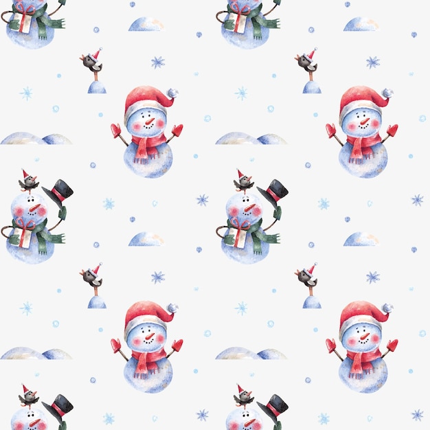 Cute cartoon christmas pattern with snowmen and snowdrifts on a white background