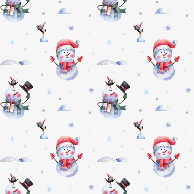 Cute cartoon Christmas pattern with snowmen and snowdrifts on a white background