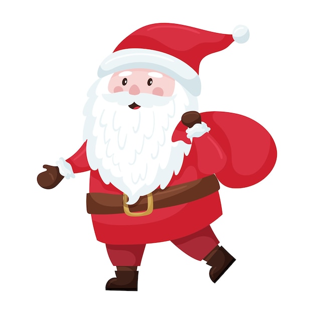 Vector cute cartoon christmas santa in a red suit and hat carries a bag of gifts on his shoulder santa claus is smiling adorable character in a flat style isolated on a white background