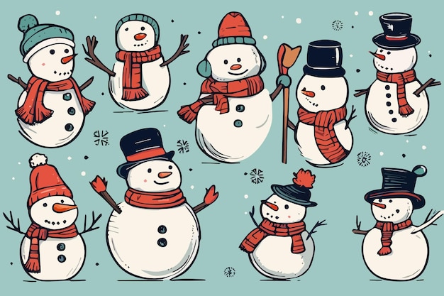 Cute cartoon christmas snowmen set isolated on colored background vector illustration