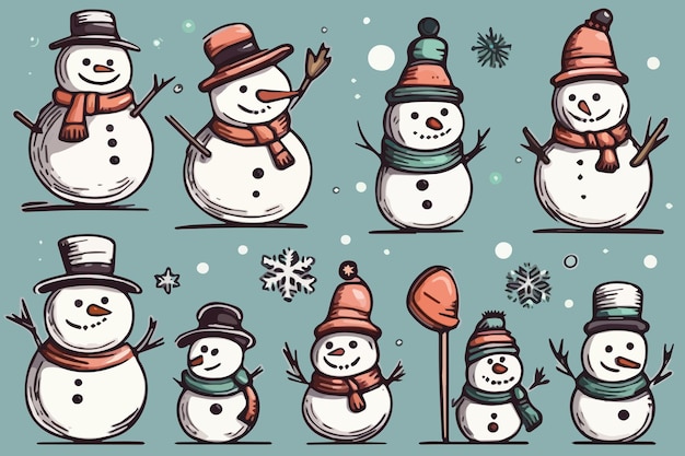 Cute cartoon christmas snowmen set isolated on colored background vector illustration