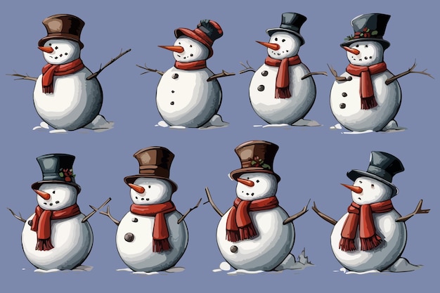 Cute cartoon christmas snowmen set isolated on colored background vector illustration