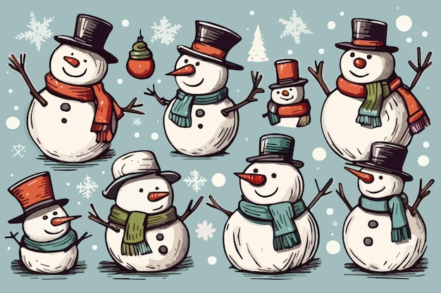 Cute cartoon christmas snowmen set isolated on colored background vector illustration