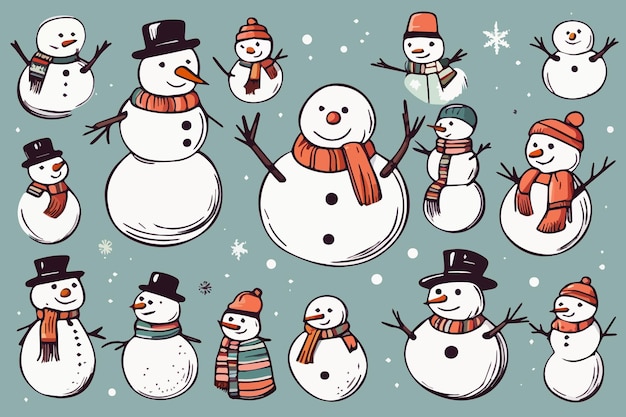Милые мультфильмы с рождественскими снеговиками, выделенными на цветном фоне.