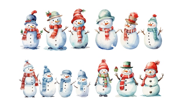 Cute cartoon Christmas snowmen set Watercolor snowman Vector illustration design