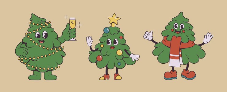 Vector cute cartoon christmas tree characters in festive outfits