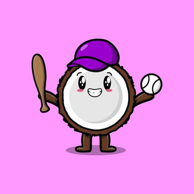 Cute cartoon Coconut character playing baseball in modern style design