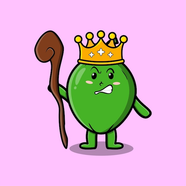 Cute cartoon Coconut mascot as wise king with golden crown and wooden stick