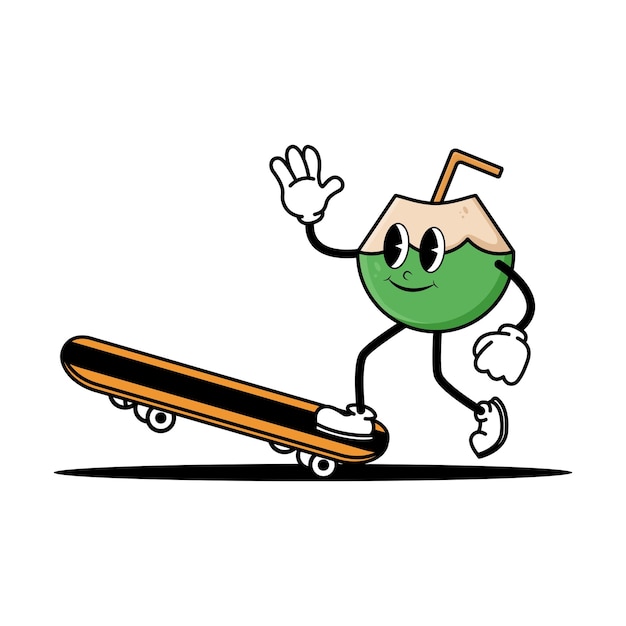 Cute cartoon coconut mascot character playing skateboard Mascot vintage fruit illustration concept