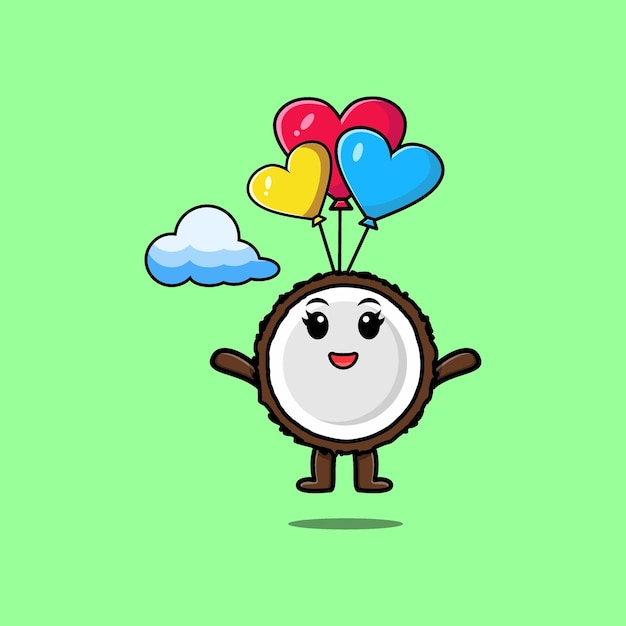 Симпатичный мультяшный кокосовый талисман прыгает с парашютом с воздушным шаром и счастливым жестом милый современный стиль дизайна