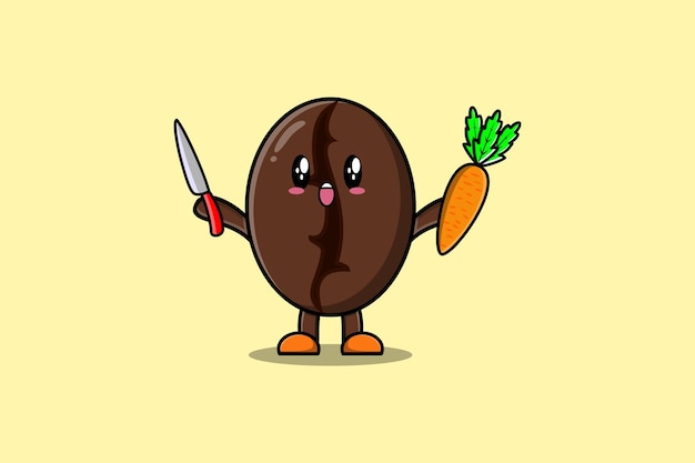 Cute cartoon Coffee beans character holding knife and carrot in modern style design