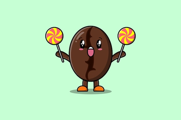 Cute cartoon Coffee beans character holding lollipop candy in flat cartoon illustration