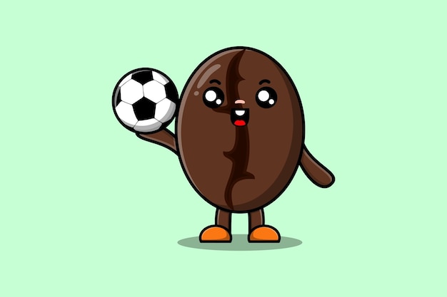 Cute cartoon Coffee beans character playing football in flat cartoon style illustration