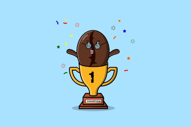 Cute cartoon Coffee beans character in trophy in concept flat cartoon style in modern illustration