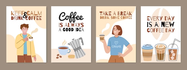 Vector cute cartoon coffee cards funny guy and girl baristas charming coffee shop visitors with espresso and cappuccino hot drink vector setjpg