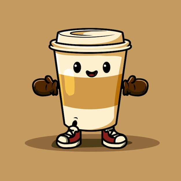 벡터 귀여운 만화 커피 컵 마스코트 캐릭터 평면 터 일러스트레이션
