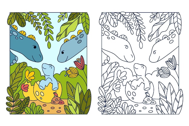 Pagina del libro da colorare simpatico cartone animato con dinosauro mamma papà e bambino