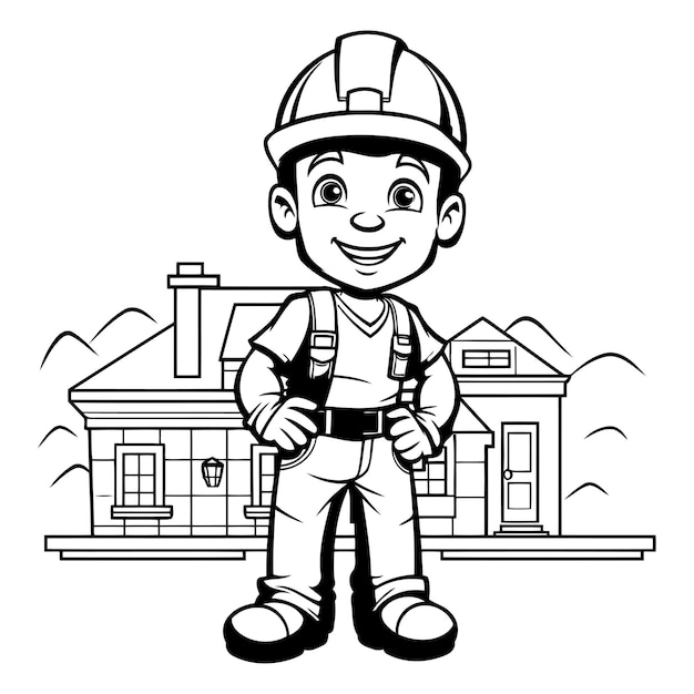 Cute cartoon construction worker in front of house vector illustration graphic design