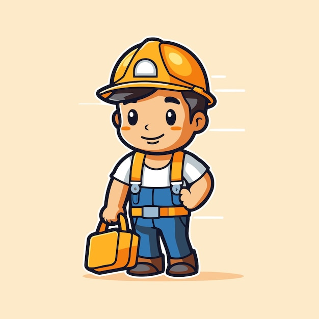 Cute cartoon construction worker with helmet and briefcase Vector illustration