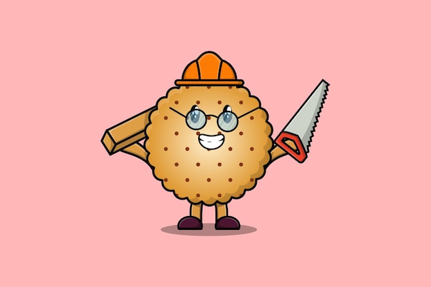 Cute cartoon Cookies as carpenter character with saw and wood in flat modern style design