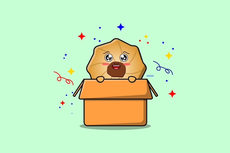Vector cute cartoon cookies character coming out from box in flat style cartoon vector icon illustration